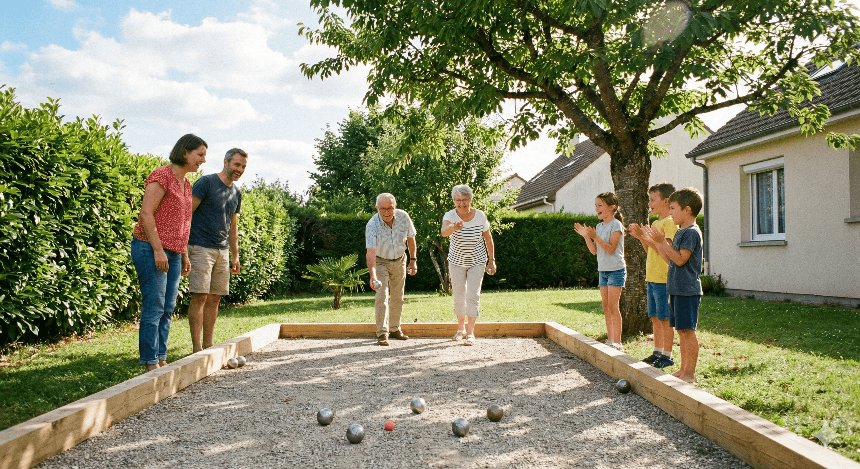 Terrain de pétanque familial dans un jardin provençal