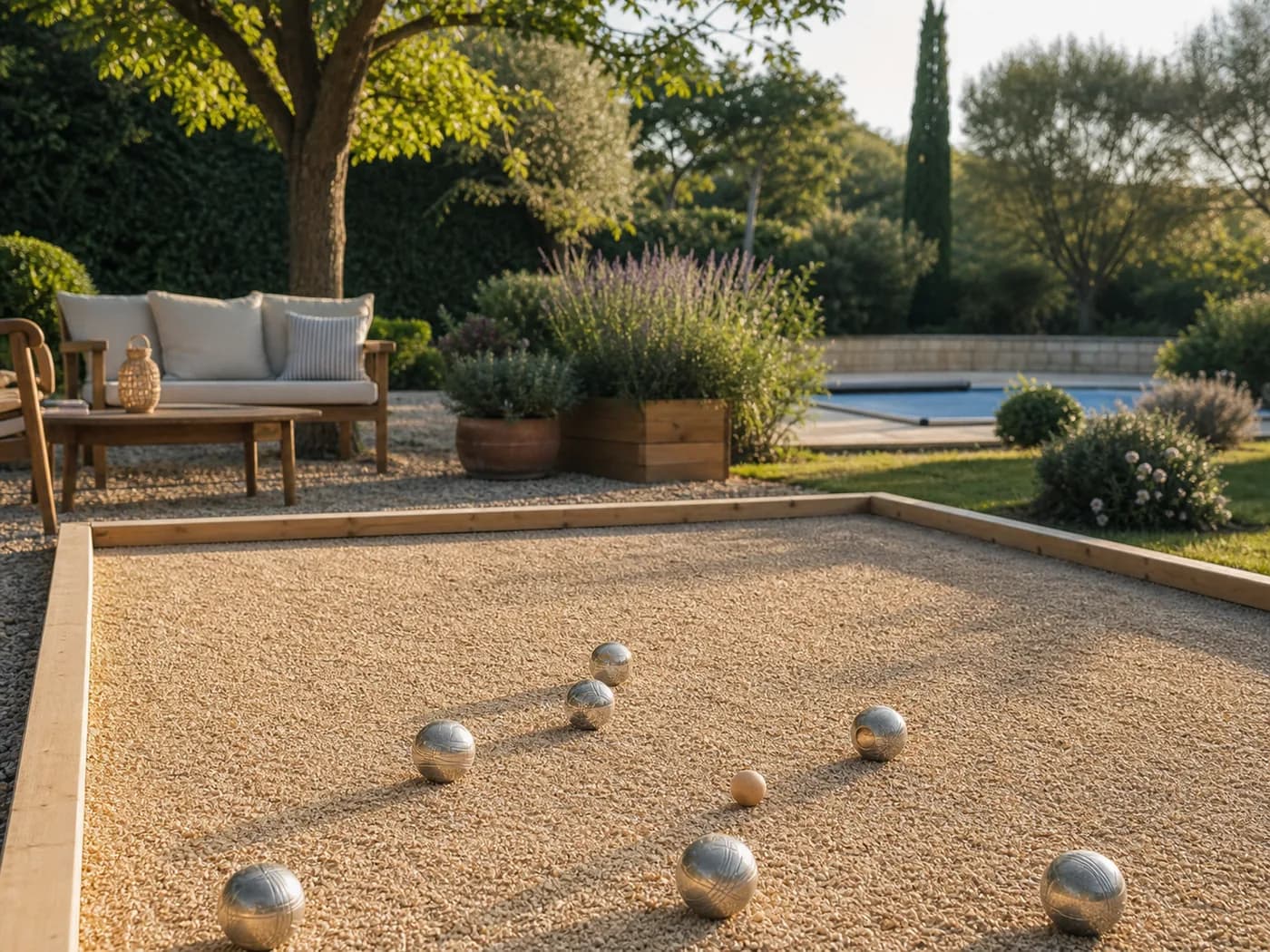 Terrain de pétanque au premier plan dans un jardin avec piscine en retrait
